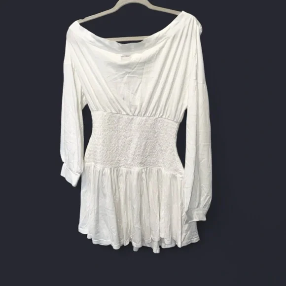 Free People Free-Est Scorching Hot Ivory Mini Dress Smocked Off Shoulder Boho M - Picture 4 of 10